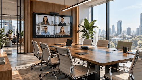 Sala de reuniones equipada para eventos híbridos
